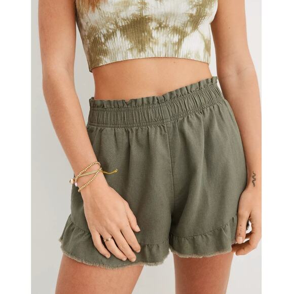 Aerie High Waisted Linen Ruffle Shorts Olive Green Size L - Picture 1 of 10
